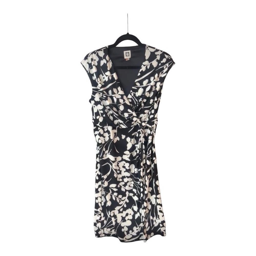 Anne Klein Black White Floral Sleeveless Surplice Wrap Midi Cocktail Dress Sz. M